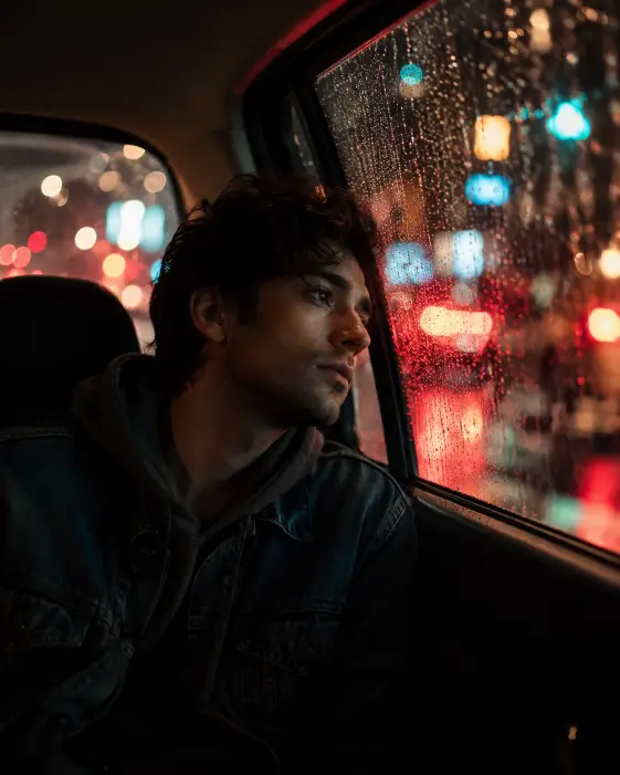 Create a photo of a young man sitting in the back seat of a taxi at night, gazing out the rain-covered window with a thoughtful expression, his temple resting lightly against the glass. He is wearing a dark denim jacket over a hoodie with the hood down. Raindrops on the window catch and blur the passing city lights into streaks of red, gold, and teal bokeh across the frame. His face is softly lit by the shifting glow of the streets. The camera is inside the car at eye level, shooting across the seat. Melancholic, cinematic mood with rich color contrast. Shot with a 50mm lens, shallow depth of field. Use aspect ratio 4:5.