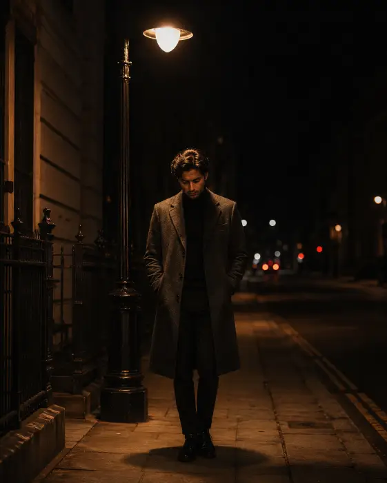 Create a photo of a man standing directly under a vintage streetlight on an empty city sidewalk at night, hands in the pockets of a long charcoal wool coat worn over a black turtleneck and slim-fit trousers. His head is tilted slightly down with a calm, thoughtful expression. The warm pool of light from above creates dramatic shadows on his face and shoulders while the background fades into darkness with faint bokeh from distant traffic lights. The camera is at chest height, shooting straight on. Moody, high-contrast lighting with warm amber tones against deep blacks. Shot with an 85mm lens. Use aspect ratio 4:5.