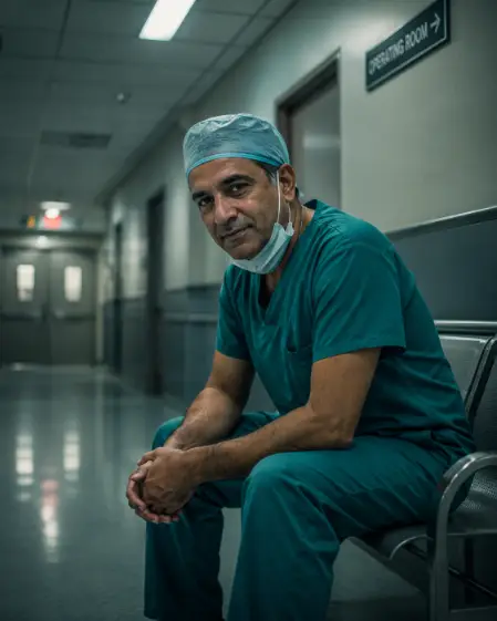 Create a photo of a male surgeon in his 40s sitting on a bench in a hospital corridor, leaning forward with his elbows on his knees and his surgical cap still on. He is wearing teal scrubs with a surgical mask pulled down below his chin, and his expression is tired but quietly satisfied. Shoot from a slightly low angle at a short distance. The background shows a dimly lit corridor with soft overhead fluorescent lighting and blurred operating room doors. Cinematic, documentary photo style with muted teal and gray tones. Use aspect ratio 4:5.