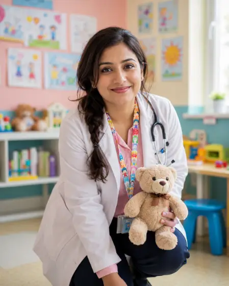 Create a photo of a friendly female pediatrician in her early 30s kneeling slightly in a colorful pediatric clinic room, holding a small teddy bear in one hand. She is wearing a white coat with a cartoon-print lanyard and a pink shirt underneath, with her hair in a loose braid. She is smiling gently toward the camera. Shoot at her eye level in the kneeling position. The background features a softly blurred play corner with children's drawings on the wall and warm, cheerful lighting. Bright, friendly lifestyle photo style with pastel color accents. Use aspect ratio 4:5.