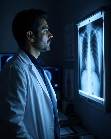 Create a photo of a male doctor in his late 30s standing in a dark radiology room, studying a glowing chest X-ray on a lightbox mounted on the wall. He is wearing a white coat over a navy shirt. Shoot from a side profile angle at chest height. The main light source is the cool blue glow from the lightbox illuminating his face, with the rest of the room in soft shadow. Moody, cinematic medical drama style with blue and charcoal tones. Use aspect ratio 4:5.