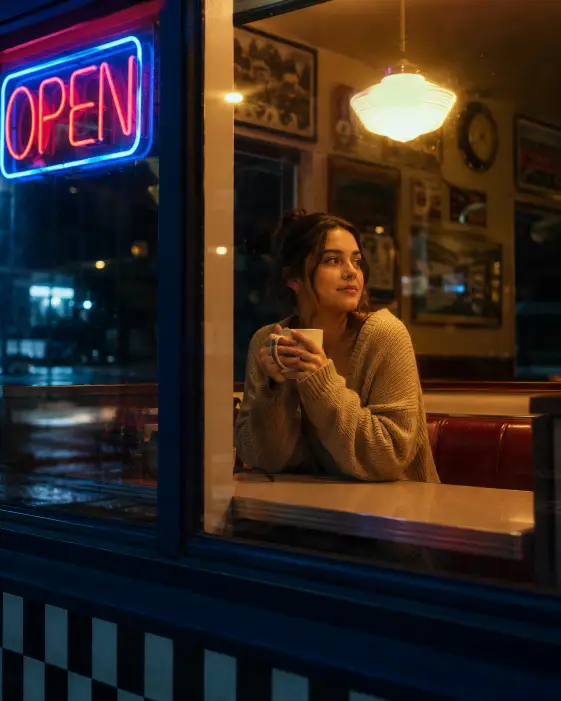 Create a photo of a young woman sitting alone in a retro diner booth at night, seen through the window from outside. She is wearing a cozy oversized beige cardigan and holding a white coffee mug with both hands, gazing out the window with a peaceful expression. The diner interior glows warm yellow with a neon "OPEN" sign reflected faintly in the glass. Outside, the dark street adds subtle reflections across the window surface. The camera is at eye level from the sidewalk, shooting through the glass. Warm interior light against cool blue night tones, cinematic and nostalgic. Shot with a 50mm lens. Use aspect ratio 4:5.