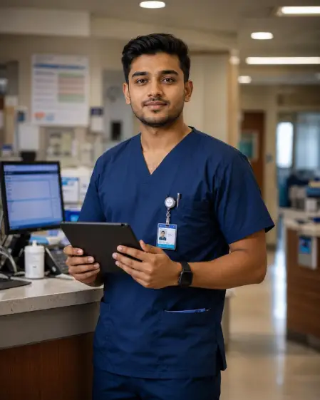 Create a portrait of a male nurse in his late 20s standing at a hospital nursing station, holding a digital tablet and looking directly at the camera with a calm, confident expression. He is wearing dark blue scrubs with an ID badge and a smartwatch, with short neatly styled hair. His posture is upright with shoulders relaxed. Shoot at eye level with medium depth of field. The background shows a softly blurred nursing station with monitors, charts, and warm overhead lighting. Clean, modern healthcare editorial style with balanced natural tones. Use aspect ratio 4:5.