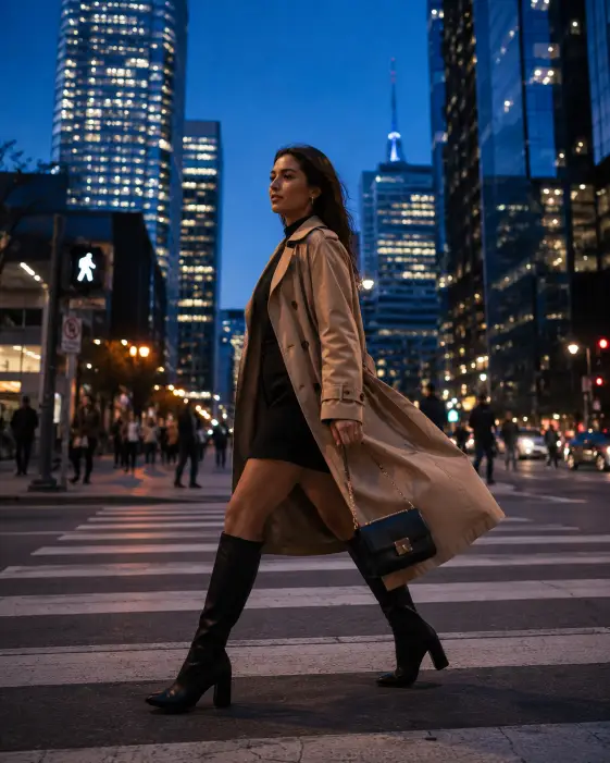 Create a photo of a woman walking across a wide city crosswalk at blue hour, captured mid-stride with her coat flowing slightly behind her. She is wearing a long camel trench coat over a black dress with knee-high boots and carrying a small structured handbag. Her expression is relaxed and confident, looking ahead. The background shows tall glass buildings with lit windows against a deep blue twilight sky, with glowing walk signals and blurred pedestrians. The camera is at hip height with a slight motion feel. Cool blue tones balanced with warm city lights. Shot with a 35mm lens. Use aspect ratio 4:5.