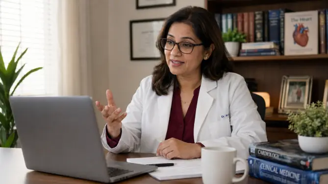 Create a photo of a female doctor in her 40s sitting at a tidy home office desk during a video consultation, speaking toward a laptop screen with a friendly, engaged expression. She is wearing a white coat over a burgundy top, with reading glasses and small stud earrings. One hand is gesturing mid-explanation while the other rests near a notepad. Shoot from a three-quarter angle slightly above desk level. The background shows a softly blurred bookshelf with medical books and a small plant, lit by soft window light. Warm, natural lifestyle photo style. Use aspect ratio 16:9.