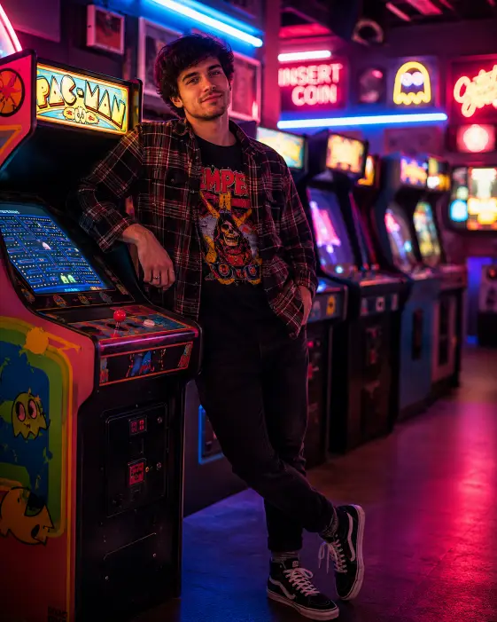 Create a photo of a young man leaning against a glowing arcade machine inside a dim retro arcade at night. He is wearing a graphic tee under an open flannel shirt, black jeans, and high-top sneakers, with one hand resting on the machine and a playful smirk on his face. Rows of arcade cabinets glow in neon pink, purple, and blue behind him, creating layered colorful bokeh. The camera is at eye level, slightly angled. His face is lit by the mixed neon glow with soft shadows. Vibrant, saturated retro tones. Shot with a 35mm lens, shallow depth of field. Use aspect ratio 4:5.