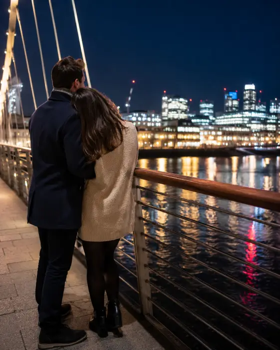 Create a photo of a couple standing close together on a pedestrian bridge at night, the woman resting her head on the man's shoulder as they look out over the water. She is wearing a knit sweater dress with tights and boots, and he is in a navy peacoat with a scarf. The bridge cables are lit with soft white lights, and the city skyline reflects in shimmering streaks across the dark river below. The camera is positioned behind and to the side, capturing their profiles and the view. Romantic, calm mood with cool blue and warm gold tones. Shot with a 50mm lens. Use aspect ratio 4:5.