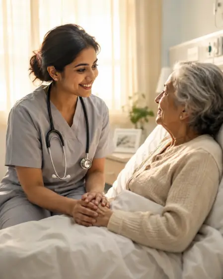 Create a photo of a female healthcare professional in her 30s sitting beside an elderly patient in a bright hospital room, gently holding the patient's hand and smiling reassuringly. She is wearing light gray scrubs with a stethoscope around her neck, and her hair is in a low bun. The elderly woman is sitting up in bed wearing a soft cardigan. Shoot at eye level from a slight side angle focusing on the caregiver. The background shows a softly blurred window with sheer curtains and warm morning light filling the room. Tender, warm documentary style with soft golden tones. Use aspect ratio 4:5.
