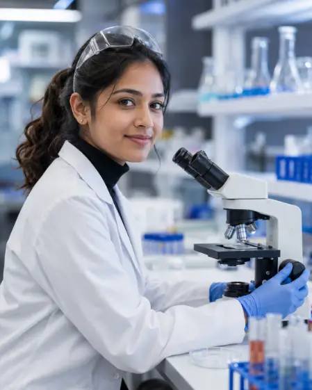 Create a photo of a young female lab researcher in her late 20s seated at a laboratory bench, looking up from a microscope toward the camera with a slight smile. She is wearing a white lab coat over a black turtleneck, blue nitrile gloves, and clear safety glasses pushed up on her head. One hand rests on the microscope's focus knob. Shoot at eye level with a shallow depth of field. The background features blurred lab shelves with glass beakers, sample racks, and cool white lighting with a subtle blue tint. Clean, modern science editorial style. Use aspect ratio 4:5.