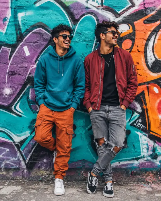 Two Guys Against a Colorful Graffiti Wall