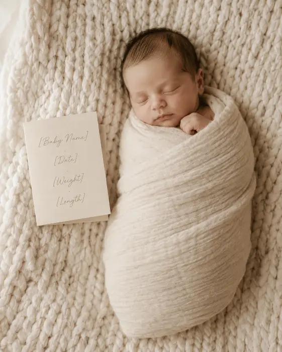 1. Classic Swaddled Newborn with a Name Card
