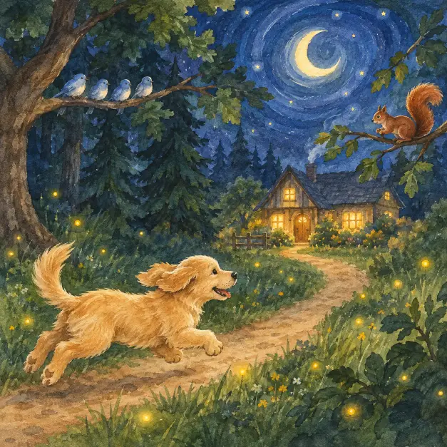 Watercolor Night Scene With Fireflies