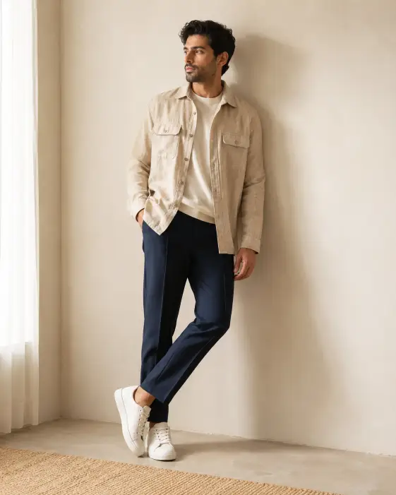 1. Beige Overshirt and Navy Trousers