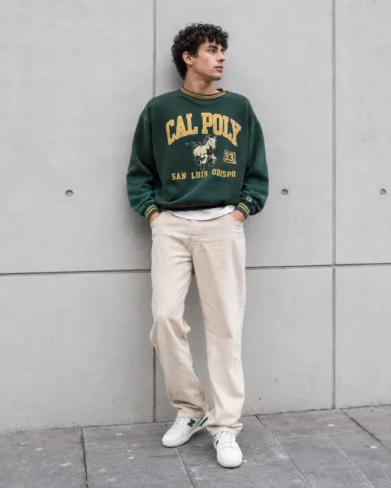 2. Vintage College Sweatshirt and Cream Jeans