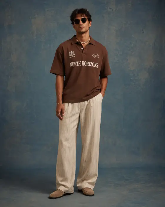 3. Brown Polo and Wide Pinstripe Trousers