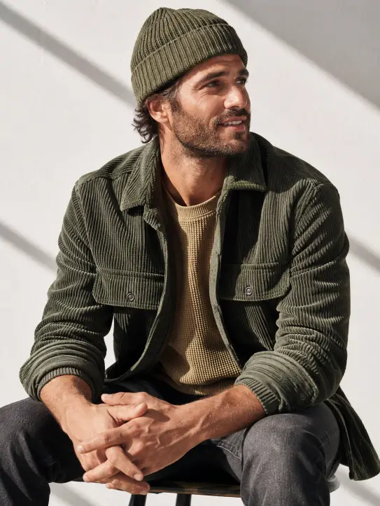 4. Green Corduroy Shirt Jacket and Beanie