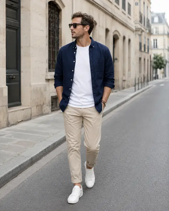 5. Navy Shirt Over White Tee with Chinos