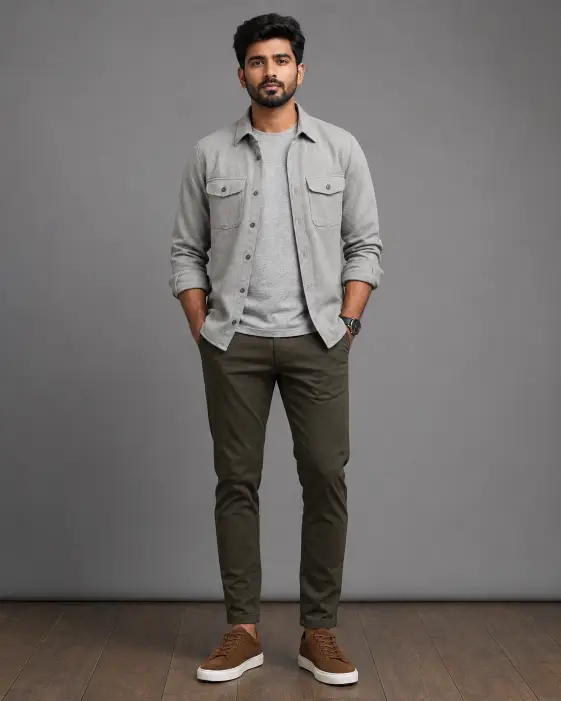 6. Grey Overshirt and Olive Chinos