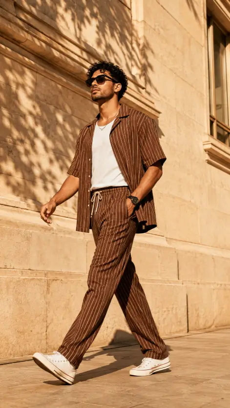 7. Brown Striped Co-ord Set in Golden Light