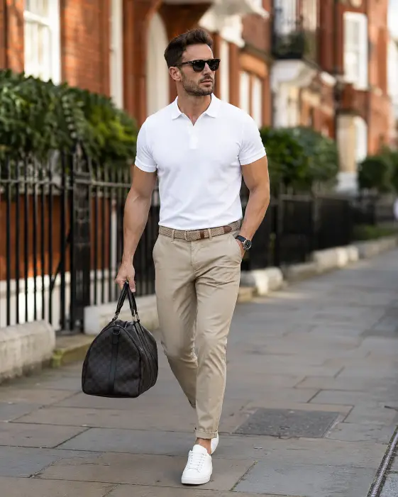 8. White Polo and Khaki Chinos with a Weekend Bag