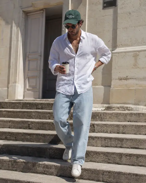 9. White Linen Shirt and Faded Baggy Jeans