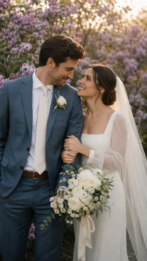 Navy Suit and Lilac Blooms