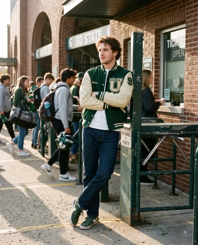 3. Varsity Jacket at the Stadium Gate