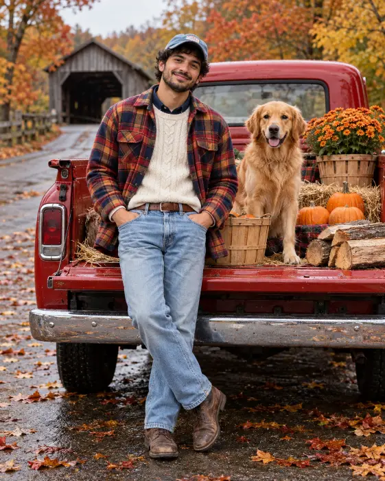 Red Pickup Truck and a Golden Retriever