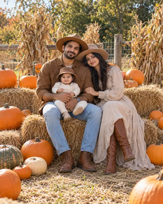 Hay Bale Portrait With Matching Hats