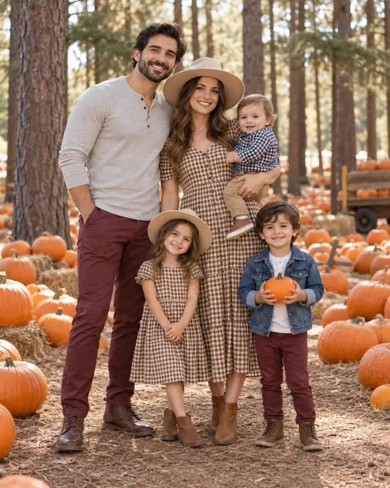 Matching Gingham Outfits Under the Pine Trees