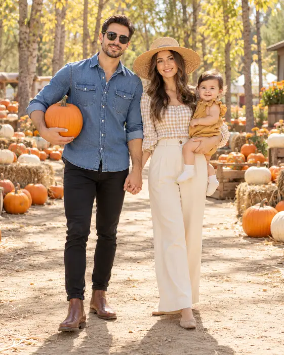 Stylish Couple With Baby on a Sunny Farm Path