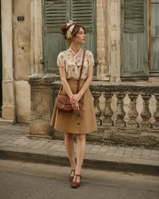 Floral Blouse and Button Skirt in an Old European Street