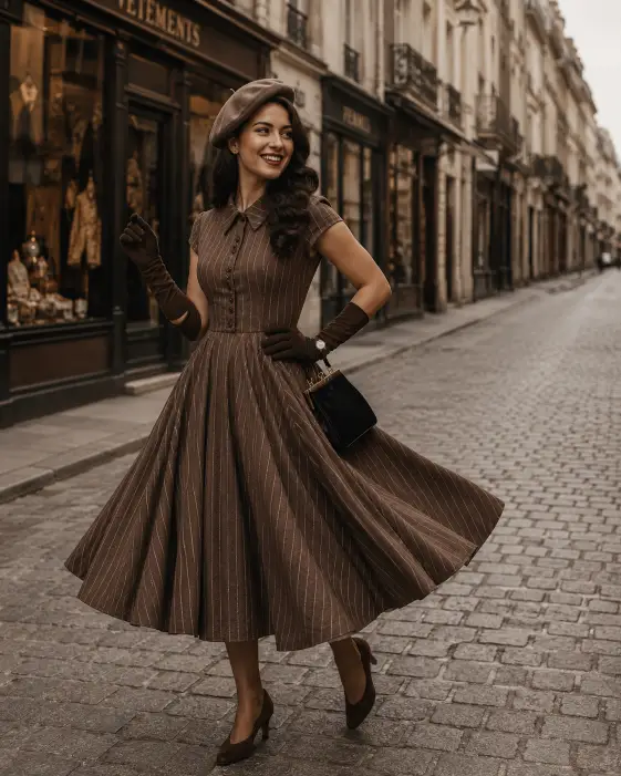 Brown Swing Dress with Gloves and Beret