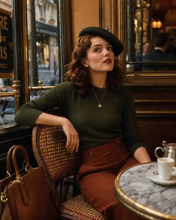 Green Sweater and Beret at a Parisian Café