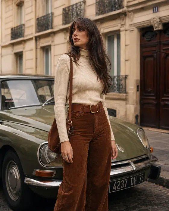Turtleneck and Corduroy Flares by a Vintage Car