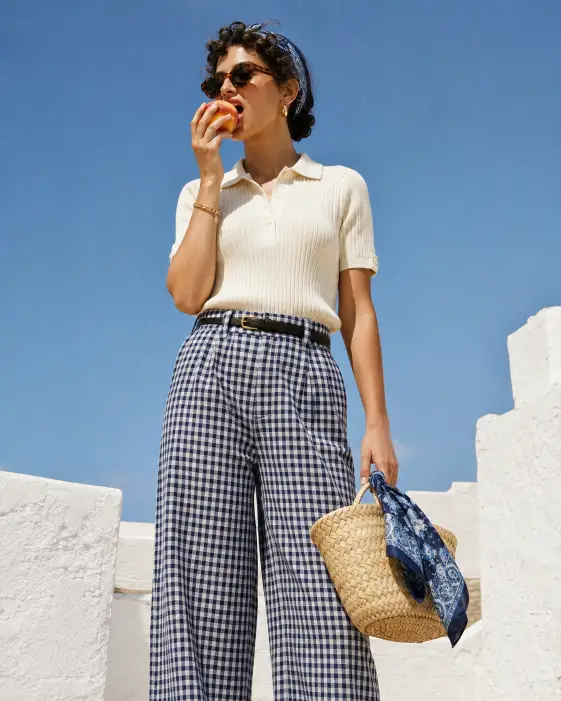 Gingham Trousers and Straw Bag on a Rooftop