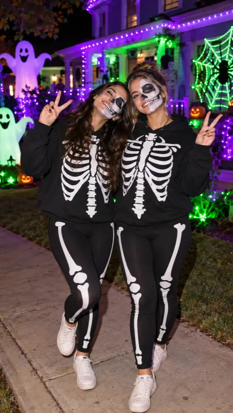 Skeleton Besties Under Colored Lights