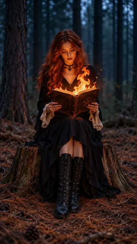 1. The Burning Spellbook in a Pine Forest