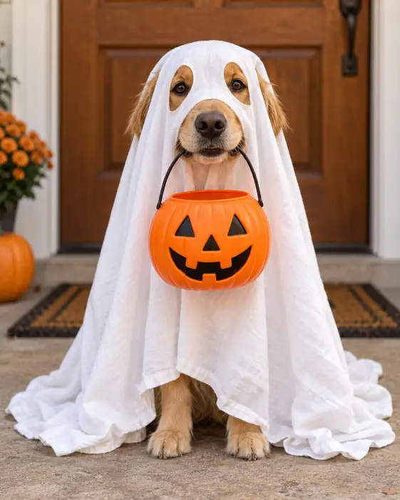 1. Classic Bedsheet Ghost with a Pumpkin Bucket