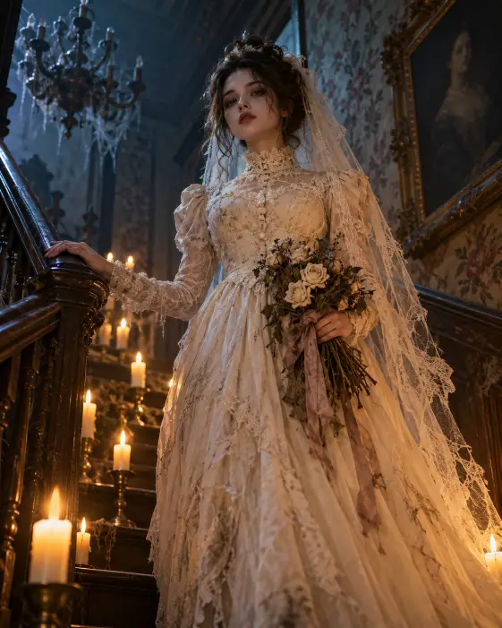 Victorian Ghost Bride on a Candlelit Staircase