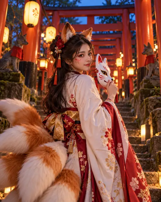 Kitsune Fox Spirit at a Lantern-Lit Shrine