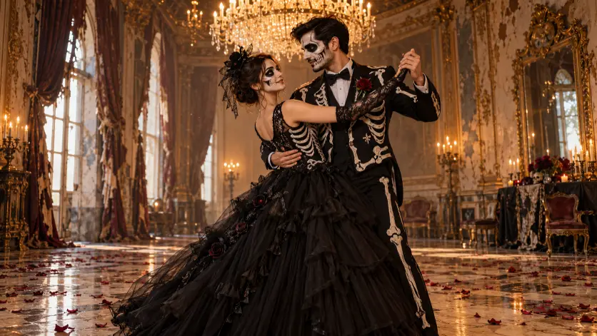 Couples Skeleton Dance in an Old Ballroom