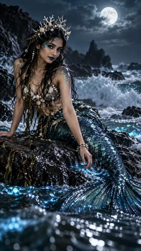 Deep Sea Siren on a Rocky Shore at Night
