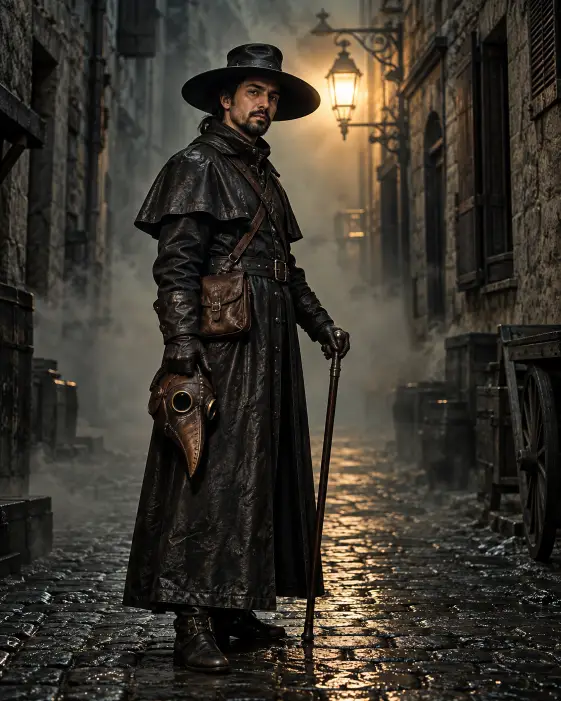 Plague Doctor in a Foggy Cobblestone Alley