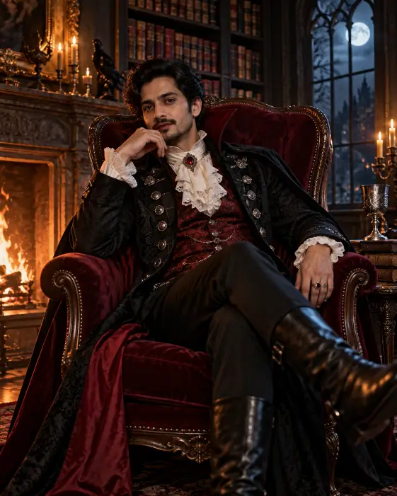 Vampire Count in a Gothic Library
