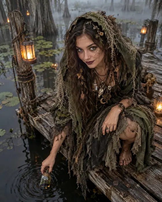 Swamp Witch on a Wooden Dock