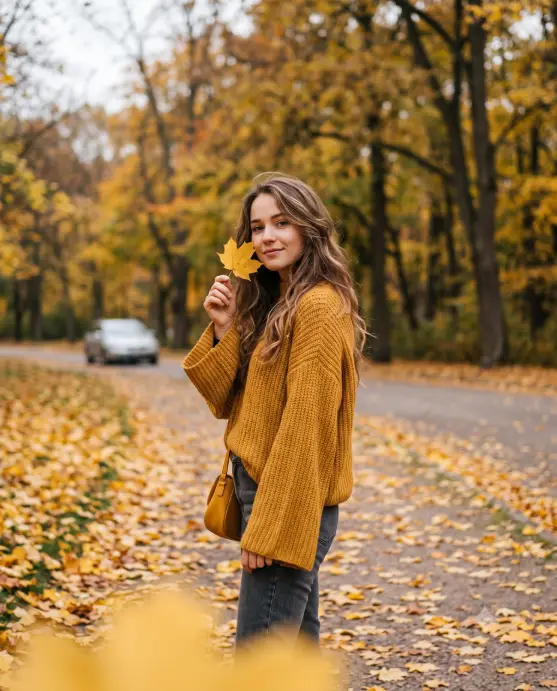 Mustard Sweater With a Single Leaf