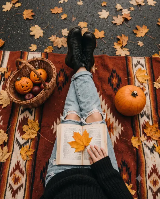 Overhead Reading Picnic With Pumpkins